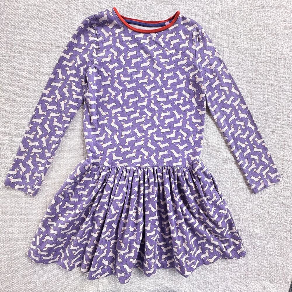 Mini Boden Purple Dachshund Print Long Sleeve Dress VGUC 9/10